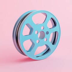 Obraz premium A realistic, glossy 3D design of a blue film reel icon, showcasing cinema and media production, isolated on a pastel backdrop