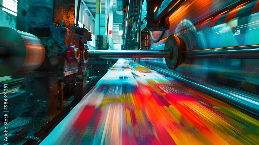 Poster vibrant printing press in action sheets rapidly moving through machinery producing colorful emerging
