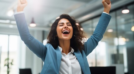 Fototapeta premium A jubilant female executive celebrating a major accomplishment, her face beaming with pride and satisfaction,