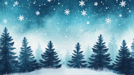 Fototapeta premium A serene winter landscape featuring snow-covered trees under a starry night sky, creating a tranquil and magical atmosphere.