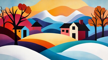Vibrant landscape painting featuring colorful houses, rolling hills, and a serene mountain backdrop during sunset.