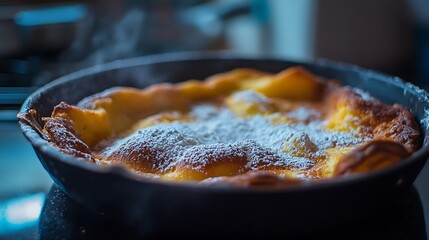 A close-up view of a freshly baked Dutch baby pancake, dusted with powdered sugar. The pancake has a golden brown crust and a soft, fluffy interior. It sits in a cast iron skillet.