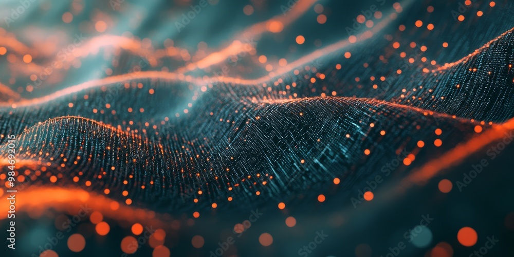 Poster a vibrant digital background featuring dynamic data waves in a virtual landscape, symbolizing techno