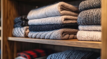 Close-Up of Cozy Winter Clothes Stacked in Closet, Textures and Warm Colors Highlighted