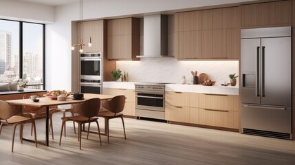 A modern kitchen with natural gas appliances, including a stove, oven, and refrigerator, arranged in a sleek and stylish design.