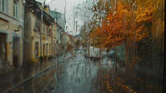 Rainy autumn street view through a window with wet streets and fall colors. Seamless looping 4k time-lapse video background
