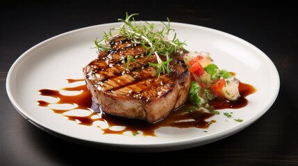 A mouthwatering pork steak drizzled with a rich, savory sauce,