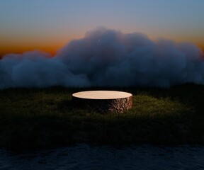 a wooden product display podium in a grass field with sunset sky in the background