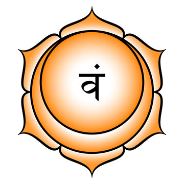 Sacral chakra Svadhisthana, where your being is established. Second chakra located barely below the belly button. Orange lotus with 6 petals, a crescent, and seed syllable Vam for the tattva water.