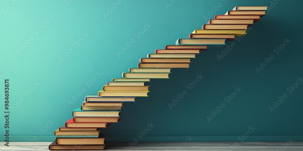 Poster books that are meticulously arranged to resemble a staircase symbolize the continuous journey of lea