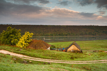 Landscape with beautiful nature on the banks of the Nistru river in the Republic of Moldova, Europe. Photo of the Moldovan village.