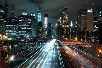 Fototapeta premium Stunning Night View of a City Skyline with Light Trails on a Bridge