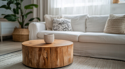 Stylish living room with a gold coffee table, minimalist decor, Round wood coffee table against white sofa. Scandinavian home interior design.