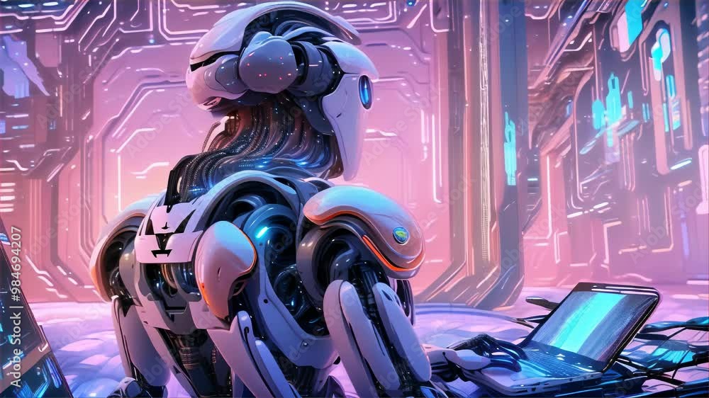 Poster a white robot with blue eyes and glowing wires works on a computer in a futuristic office.. ai gener