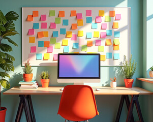 Naklejka premium stylish home office, monitor, desk, armchair, wall covered with stickers with notes