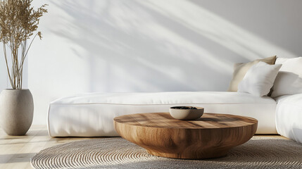 Scandinavian home interior design of modern living room, Cozy Living Room with Beige Sofa and Wooden Coffee Table.