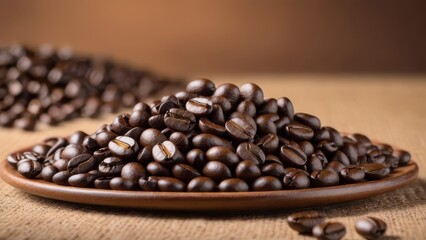 Fototapeta premium A close-up of a pile of roasted coffee beans on a wooden plate, showcasing their rich color and texture.