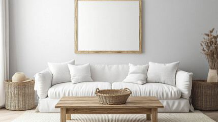 Round wood coffee table against white sofa. Scandinavian home interior design, A bright and airy living room showcasing a minimalist Scandinavian design.