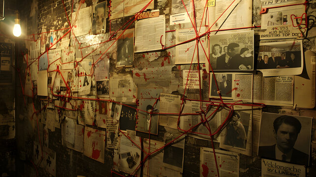 Crime investigation evidence wall with newspaper clippings, conspiracy theory, detective work, suspect connections, crime scene clues, red strings, forensic investigation, unsolved mystery case


