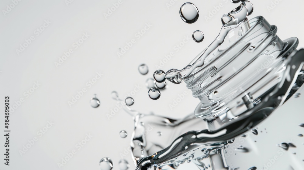Poster a photorealistic close-up of a sparkling water bottle with a single drop of water cascading down its