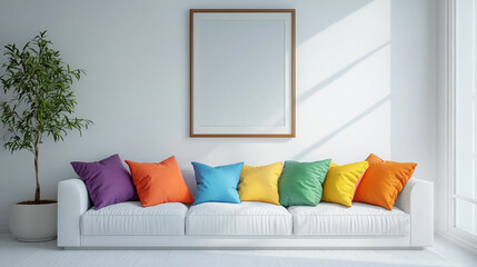 scandinavian apartment. beautiful house interior dining decorative Colorful cushions, White Sofa with Colorful Pillows and Blank Frames in Minimalist Interior.