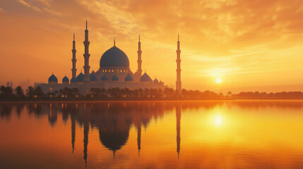 Naklejka premium Majestic mosque silhouette at sunset reflecting on serene water