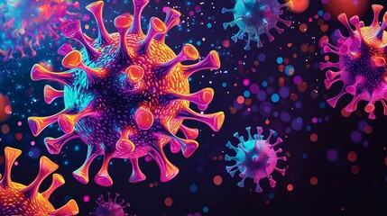 Detailed illustration of a virus budding from a host cell, showing envelope formation. Bright colors on a dark background.