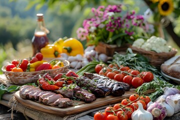Fototapeta premium A Vibrant Outdoor Feast: Grilled Meats and Fresh Vegetables Surrounded by Nature
