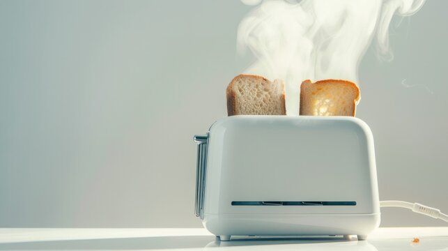 A retro-style toaster with two popping slots, set against a clean white background, emitting a wisp of steam from freshly toasted bread