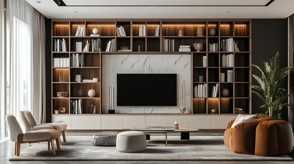 Bright and airy minimalist office space with floating wooden shelves, Minimalist home office interior design with a sleek desk.