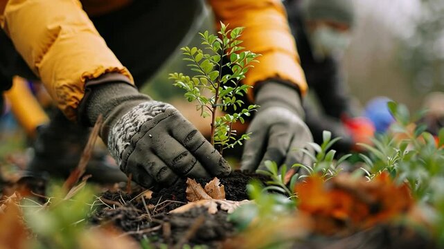 Volunteers wearing gloves and jackets are actively planting new trees in a suburban park during a spring event aimed at reforestation and community engagement.