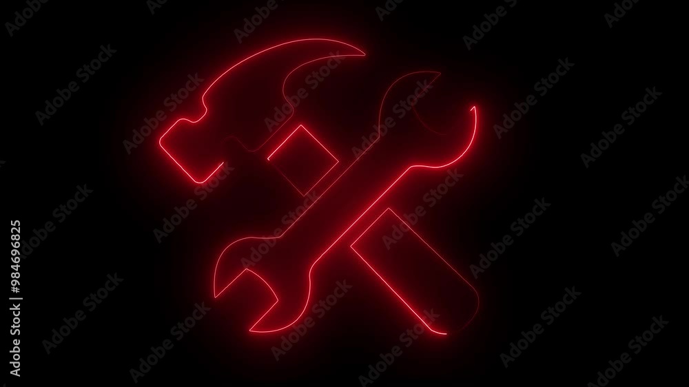 Poster glowing neon setting icon, spinning gears setting animation. technology wrench setting icon. animati