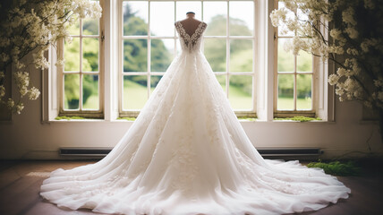 Wedding drees, bridal gown style and bespoke fashion, full-legth white tailored ball gown in showroom, tailor fitting, beauty and wedding inspiration