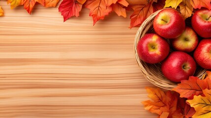 Fototapeta premium A basket of apples on a wooden table with autumn leaves, AI