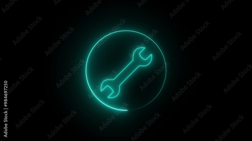 Poster technology spinning wrench setting icon with glowing circle. repair service icon on black background