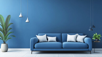 empty living room with beige tones wall blue themed dining room.