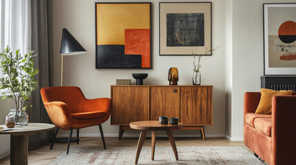 Scandinavian Dining Room Charm. Cozy dining area with mid-century modern chairs, Living room of dining room interior with mock up poster frame, stylish table.