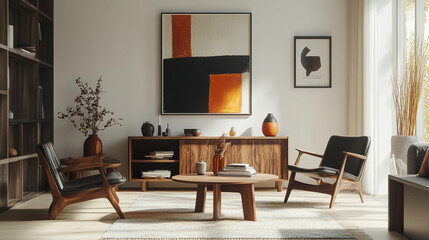 Fototapeta premium Scandinavian Dining Room Charm. Cozy dining area with mid-century modern chairs, Living room of dining room interior with mock up poster frame, stylish table.