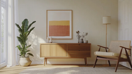 Scandinavian Dining Room Charm. Cozy dining area with mid-century modern chairs, Living room of dining room interior with mock up poster frame, stylish table.