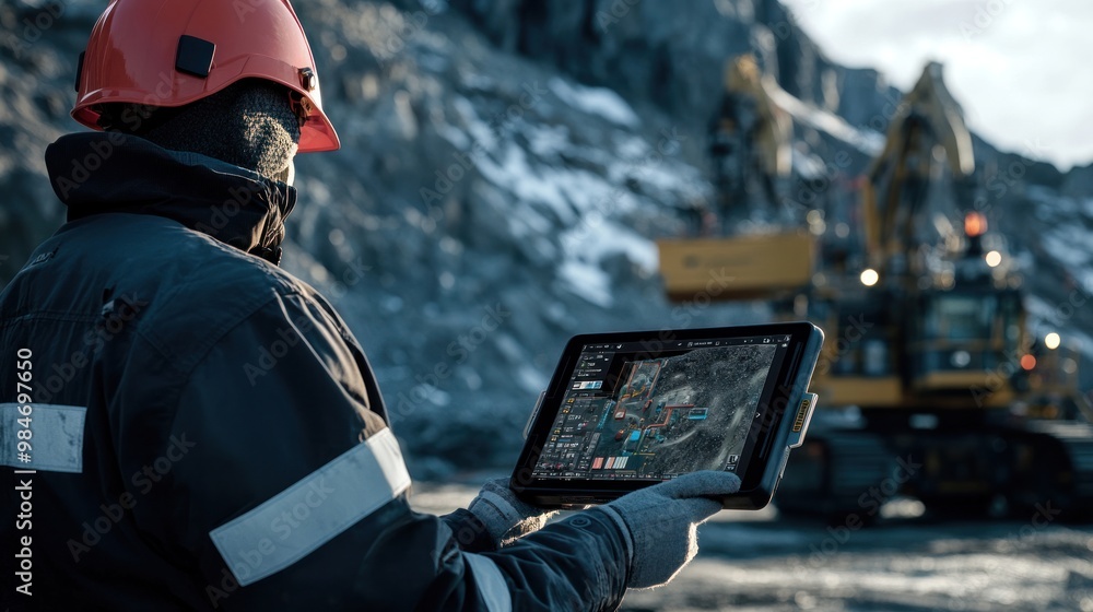 Poster a smart rig for mineral exploration being controlled through a tablet, allowing the operator to moni