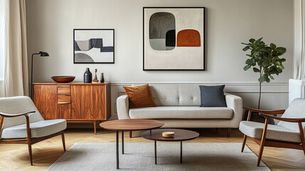 The image depicts a minimalist workspace featuring a wooden desk with tapered legs, Interior of modern dining room with sea view.