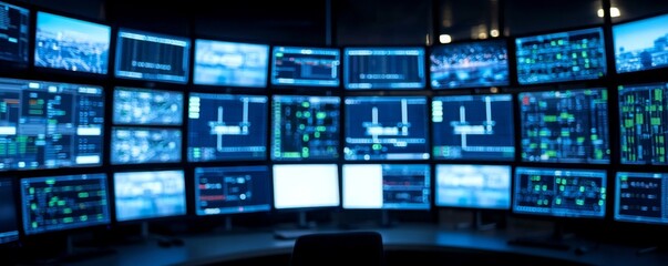 Aerial view of a security control center, walls of monitors showing different surveillance feeds, data flow concept