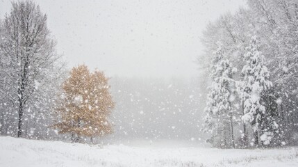 Naklejka premium A snowstorm moving through a forest, with trees covered in snow and visibility reduced as the storm intensifies