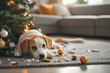 happy puppy near a fallen Christmas tree, broken baubles, guilty dog