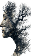 A surreal double exposure portrait of a woman and a tree, blending human and natural elements.