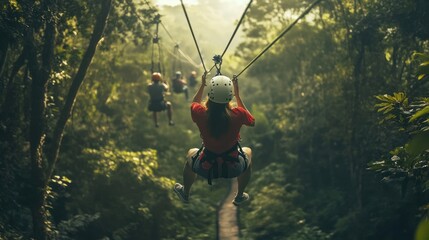 Adventurers zip-lining through dense forests, experiencing the rush of speeding through treetops in an extreme outdoor adventure