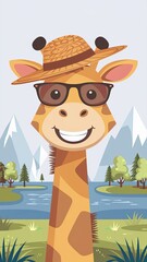 A flat-style illustration of a cute giraffe with a big smile. The giraffe is wearing a straw hat and sunglasses. The background is a serene landscape with a lake, trees, and mountains. Generative aI