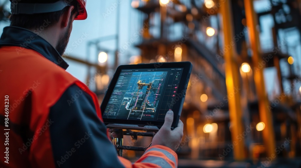 Poster an advanced drilling control system integrated with a tablet interface, showing how mobile technolog