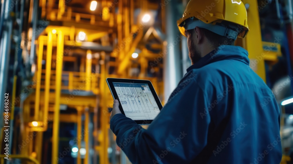 Poster an oil exploration rig using a tablet for full automation, with the operator monitoring drilling spe