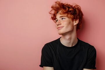 Fototapeta premium Young Man with Curly Red Hair Against a Pink Background